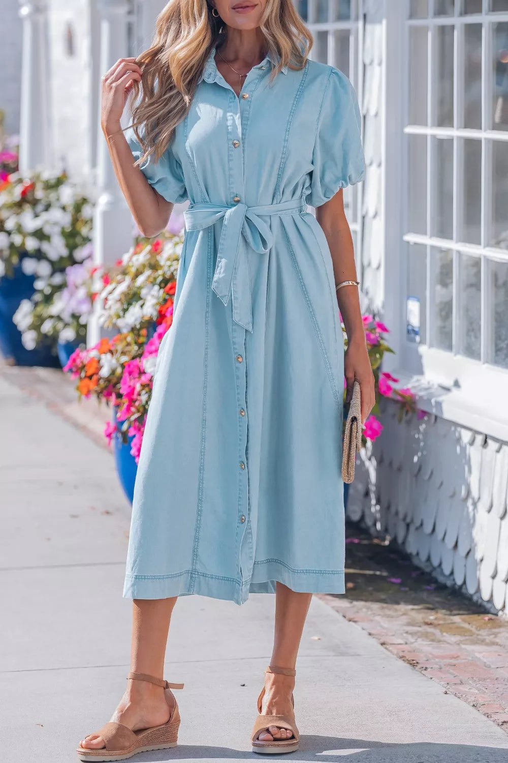 Collared Bubble Sleeve Denim Dress in Light Blue