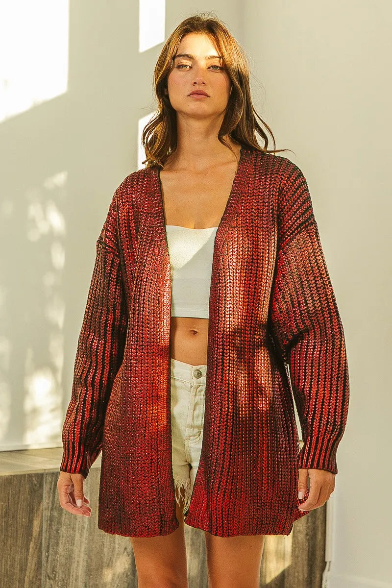 Metallic Open Front V-Neck Cardigan in Burnt Orange by BiBi