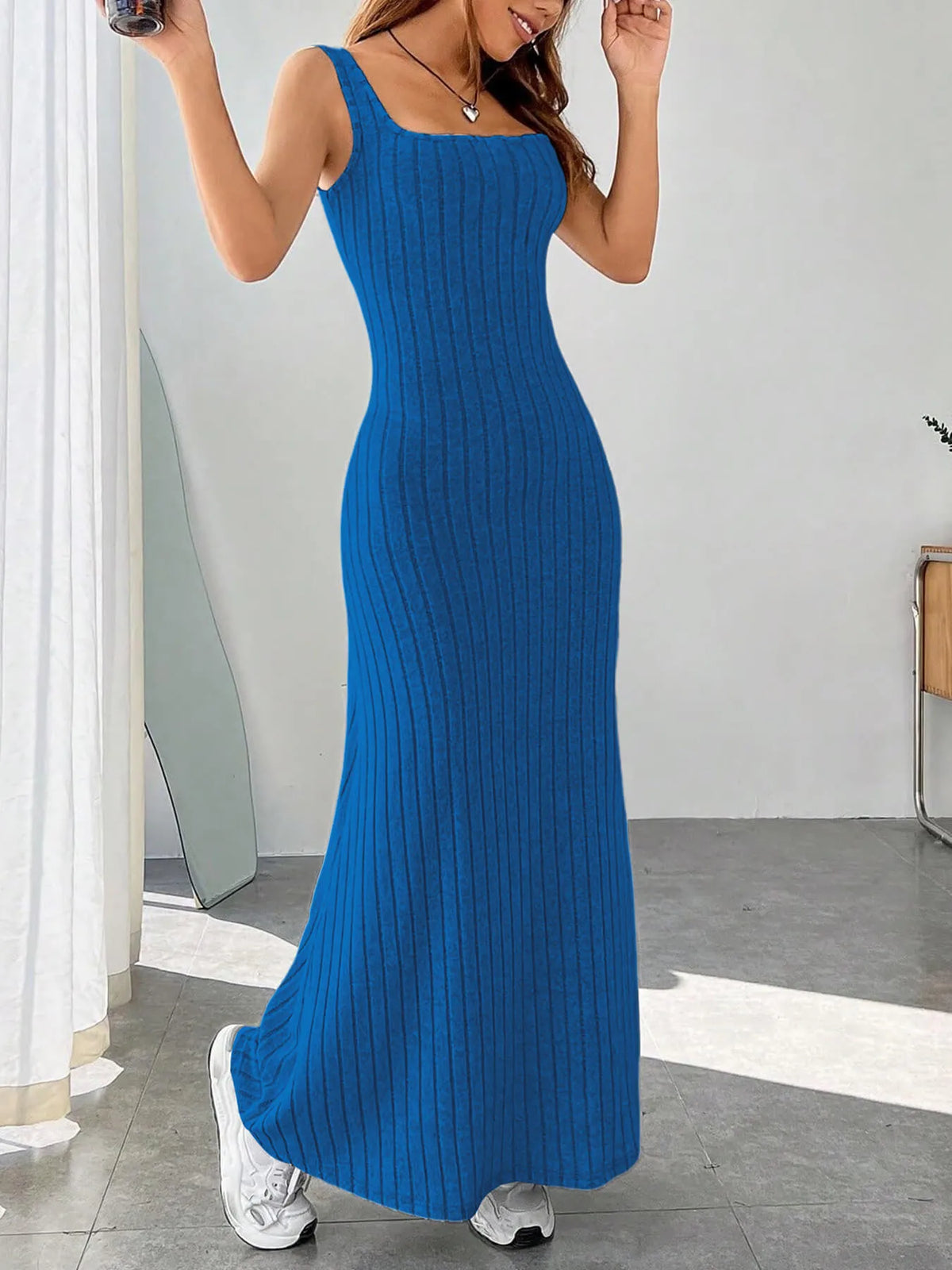 Ribbed Knit Square Neck Maxi Dress