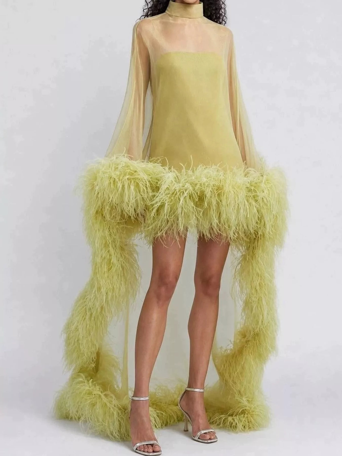Feather-Trimmed Mini Dress in Green