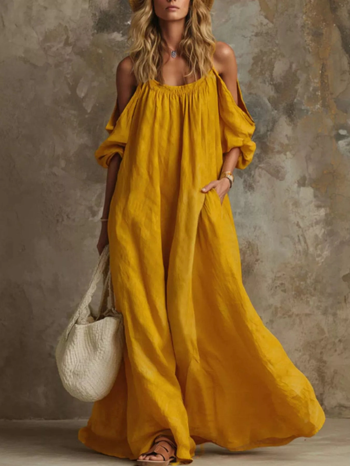 Cold-Shoulder Pocketed Maxi Dress