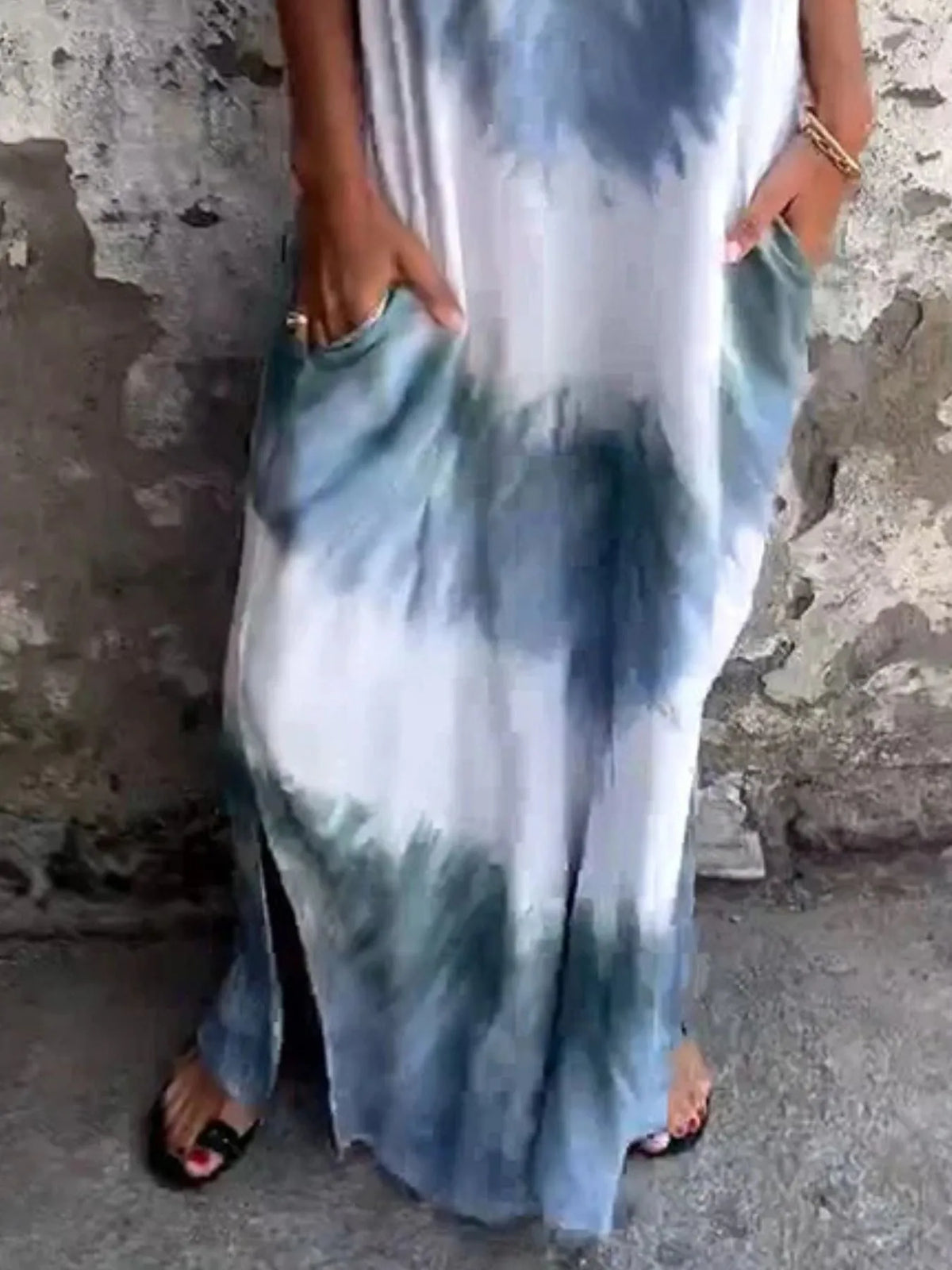 Tie-Dye V-Neck Midi Dress with Pockets