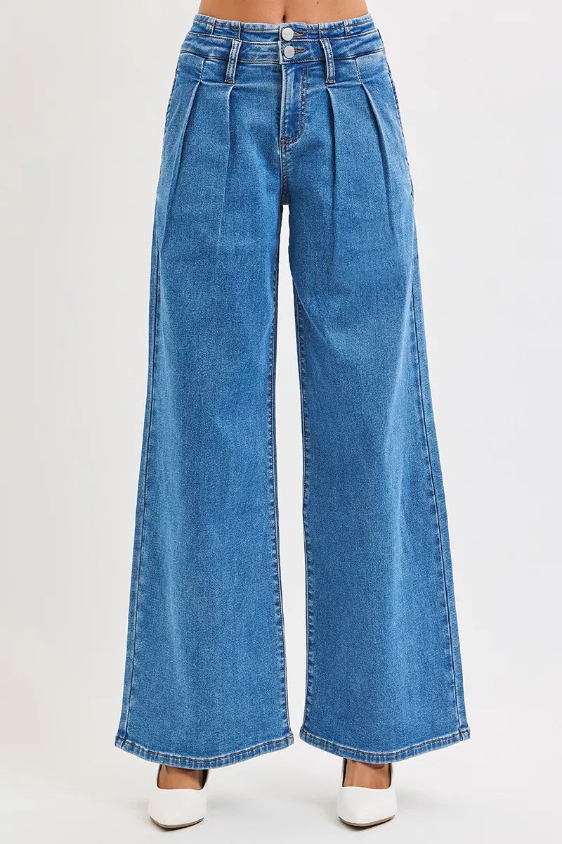 Risen Mid Rise Wide Leg Jeans with Pleated Detail in Medium Wash