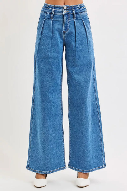 Risen Mid Rise Wide Leg Jeans with Pleated Detail in Medium Wash