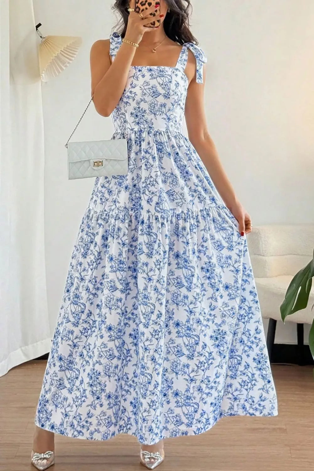 Floral Print Knot-Strap High-Waist Maxi Dress in Light Blue