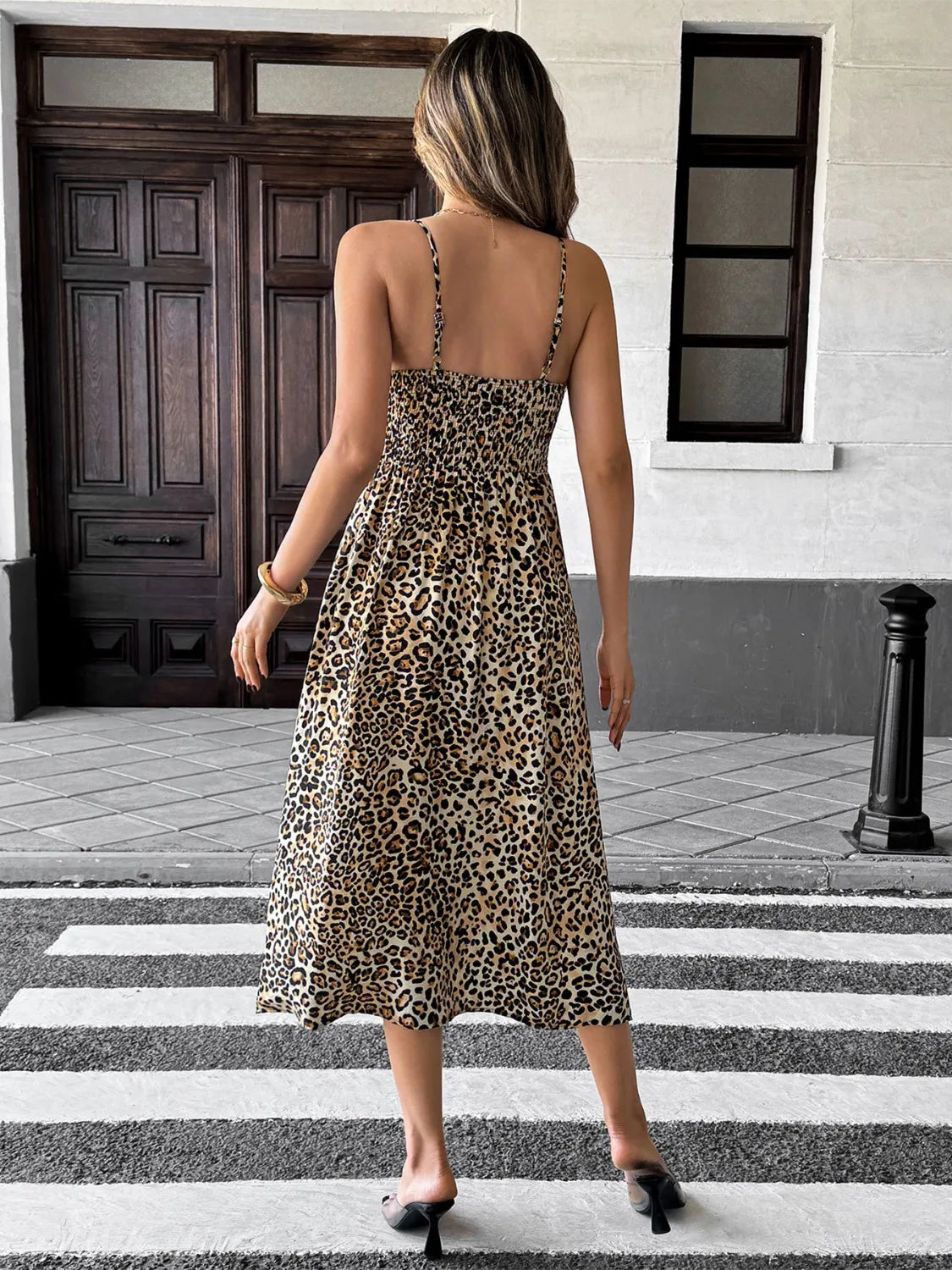 Leopard Smocked Midi Cami Dress