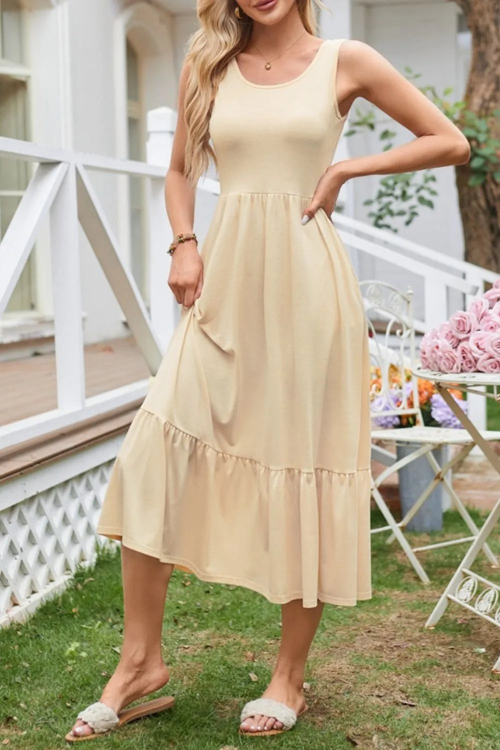 Round Neck Wide Strap Tank Dress by Gen Beauty