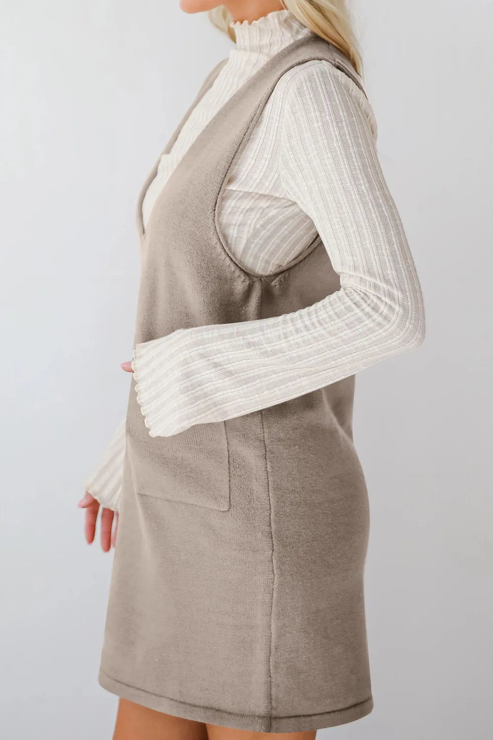 Pocketed V-Neck Mini Sweater Overall Dress