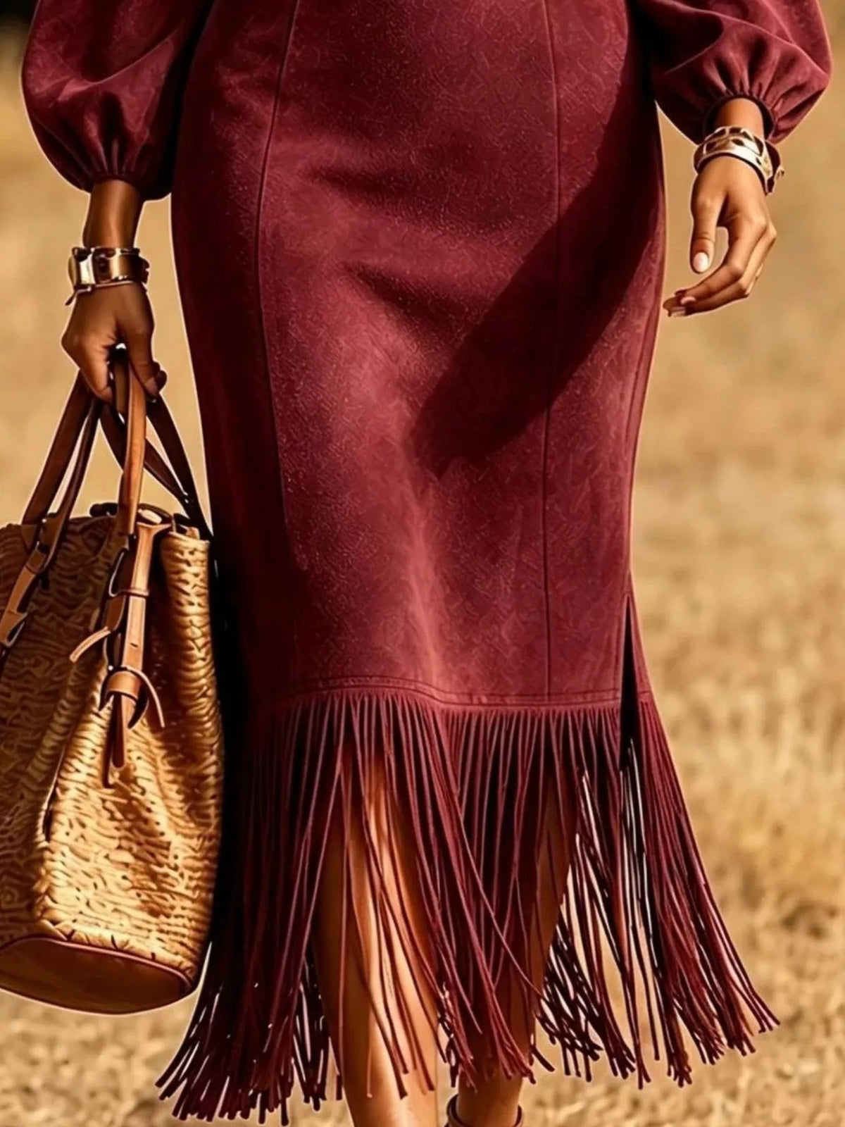 Fringe Round Neck Balloon Sleeve Dress