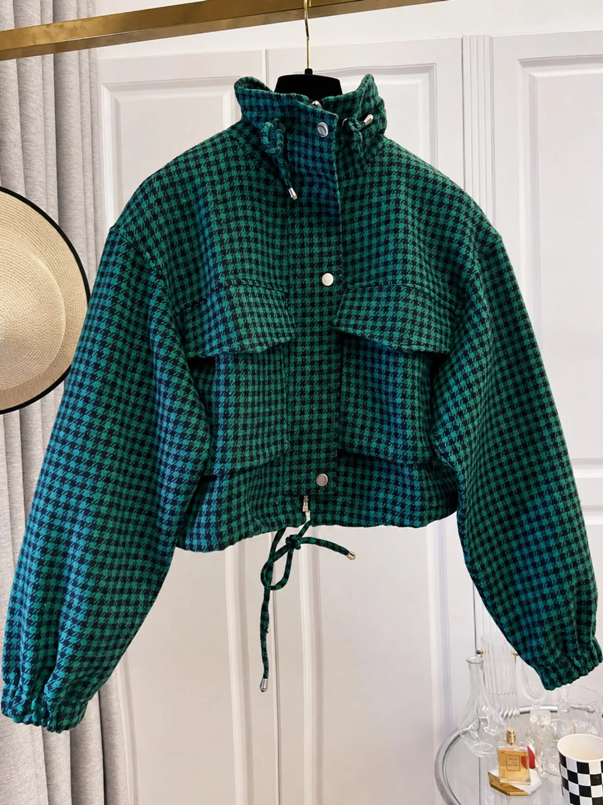 Plaid Cropped Zip-Up Jacket