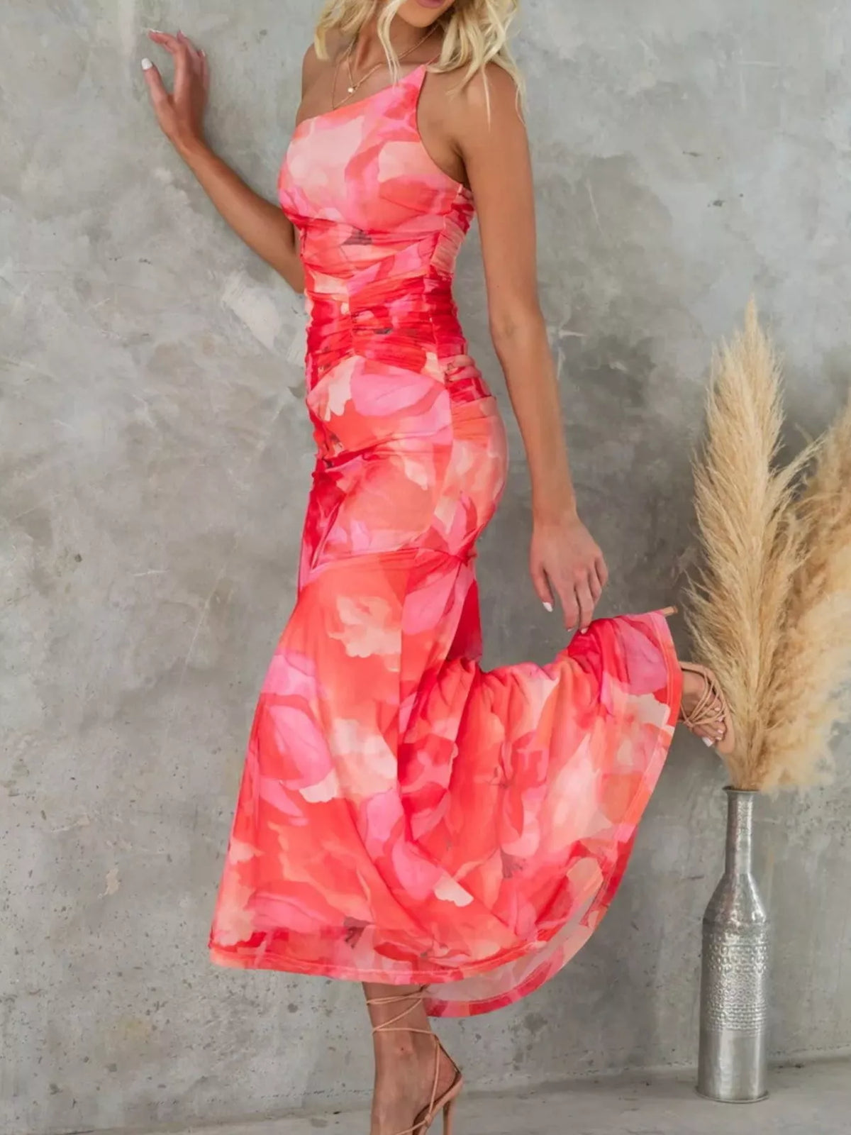 Floral One-Shoulder Ruched Maxi Dress