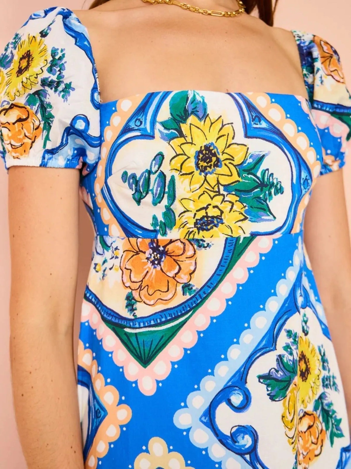 Printed Square Neck Puff Sleeve Maxi Dress in Blue