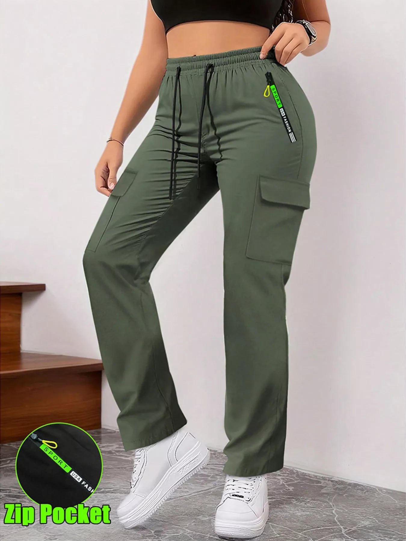 Drawstring Cargo Pants with Zip Pocket
