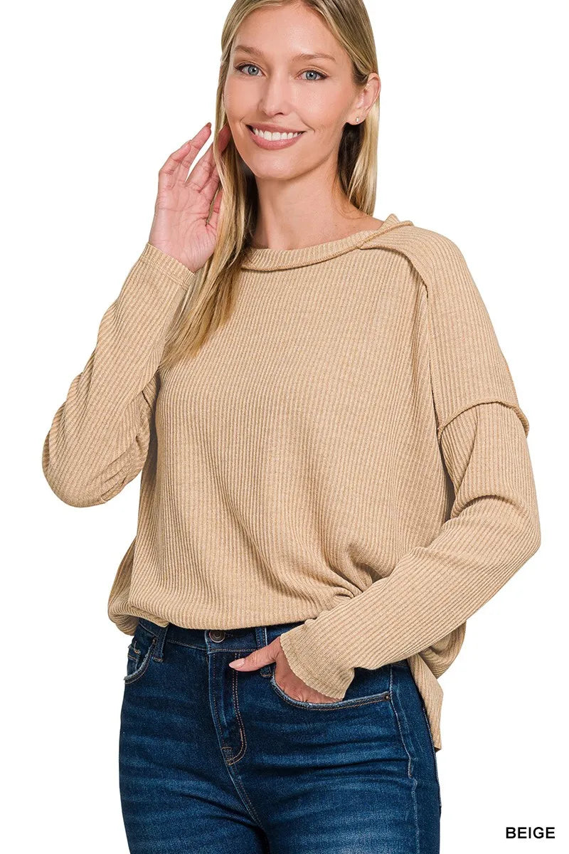 Zenana Ribbed Drop-Shoulder Round Neck Sweater in Beige