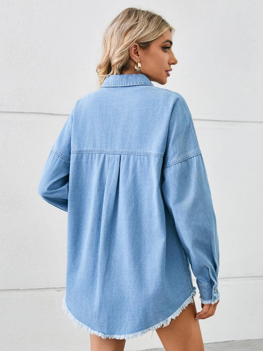 Distressed Raw Hem Denim Jacket in Light Blue by Manny
