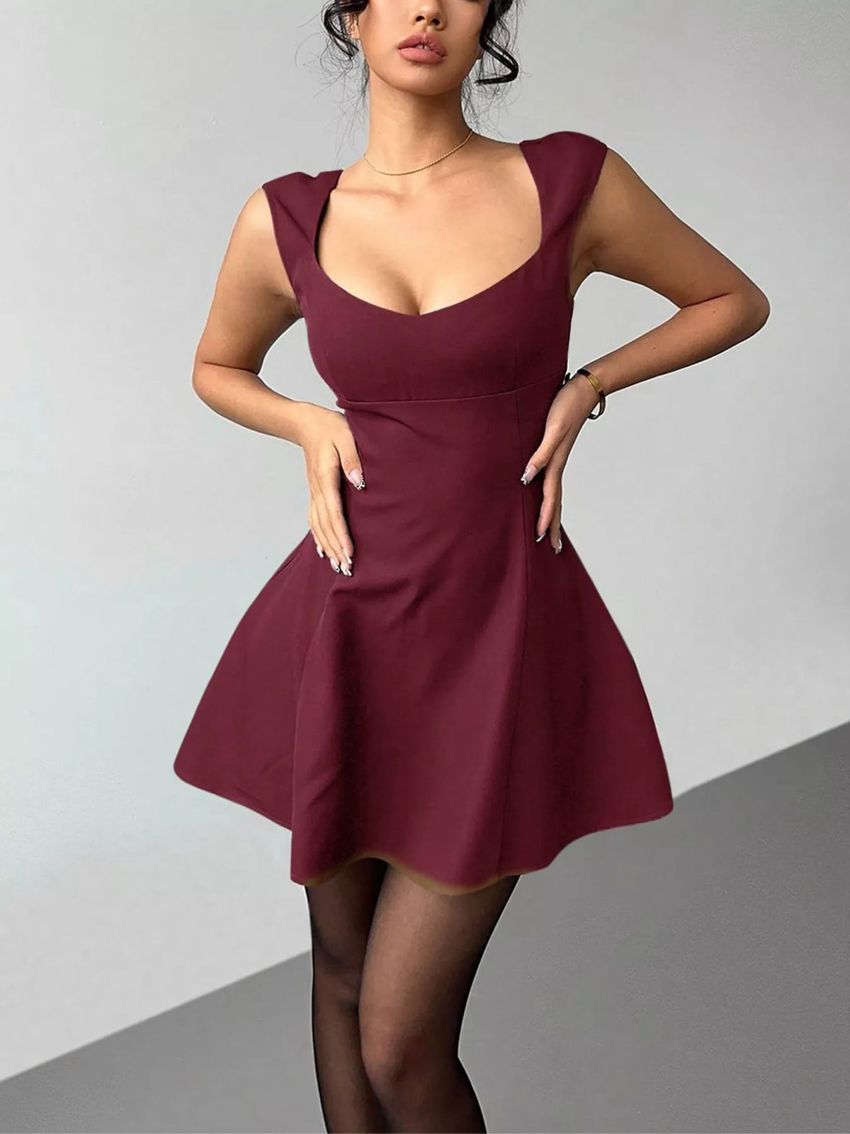 Sleeveless A-Line Mini Dress in Burgundy