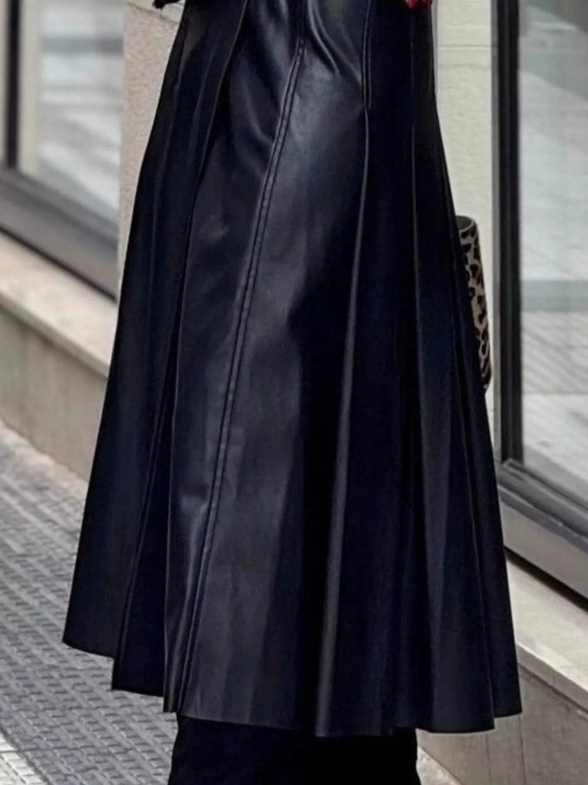 Buckle Detail Faux Leather Midi Skirt in Black