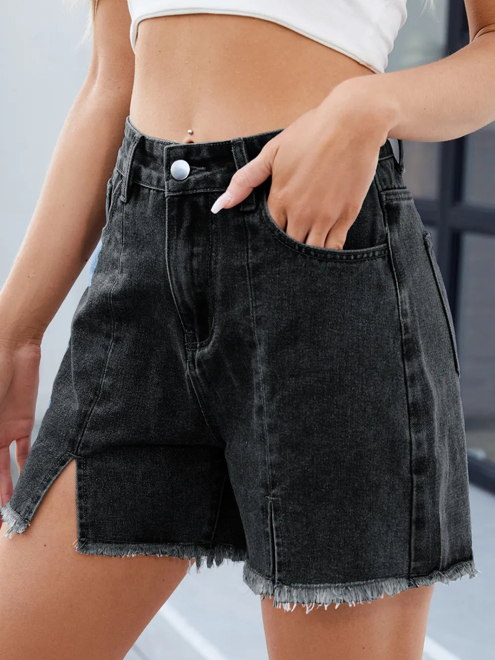 Raw Hem Slit Denim Shorts by Moni Wear