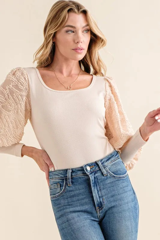 And The Why Textured Puff Sleeve Bodysuit in Beige