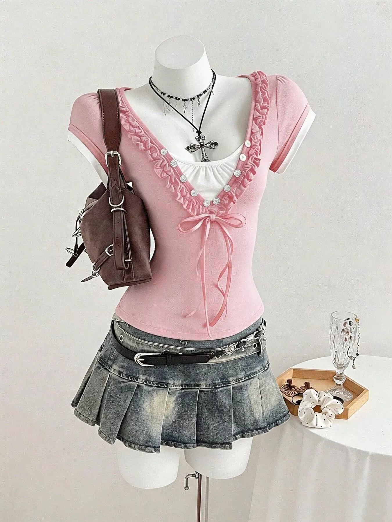 Frill Cap Sleeve Slim Fit Top in Pink