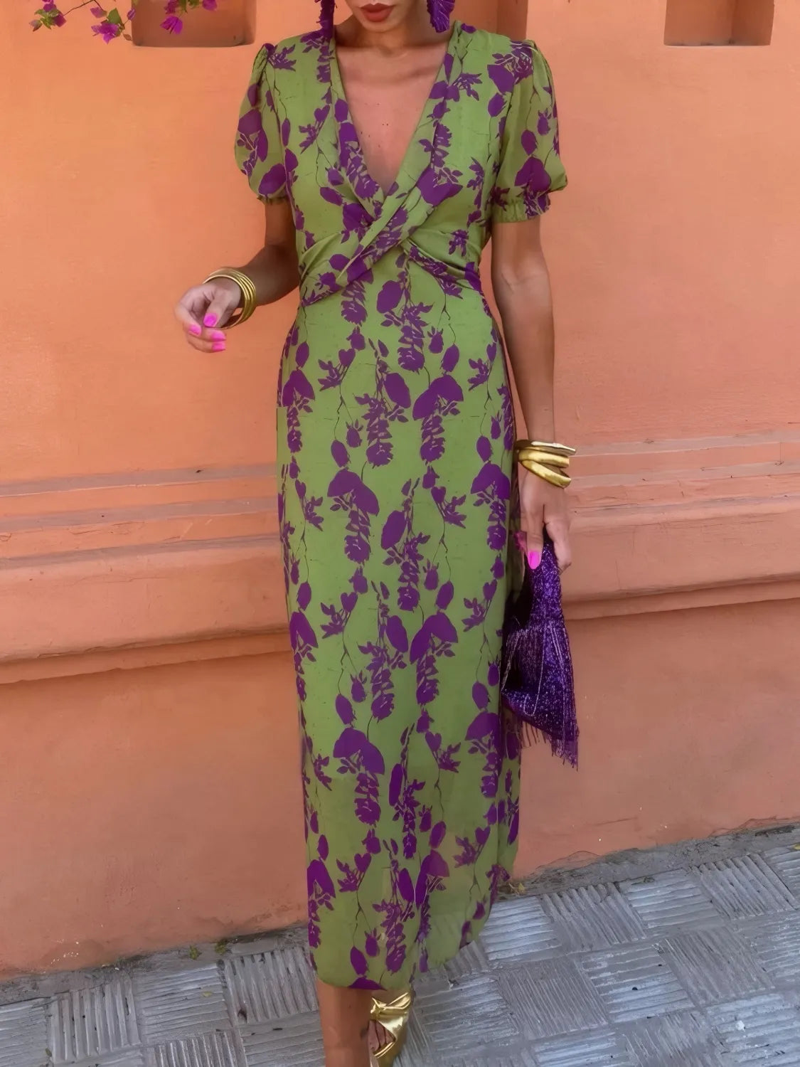 Printed Plunge Midi Dress in Moss