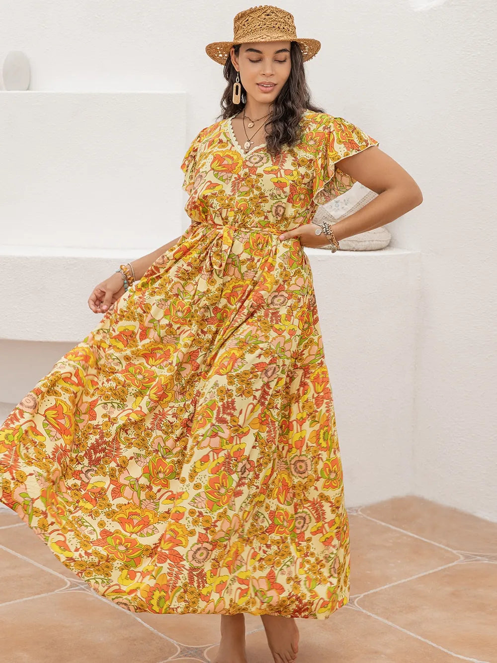 Plus Size V-Neck Maxi Dress in Gold