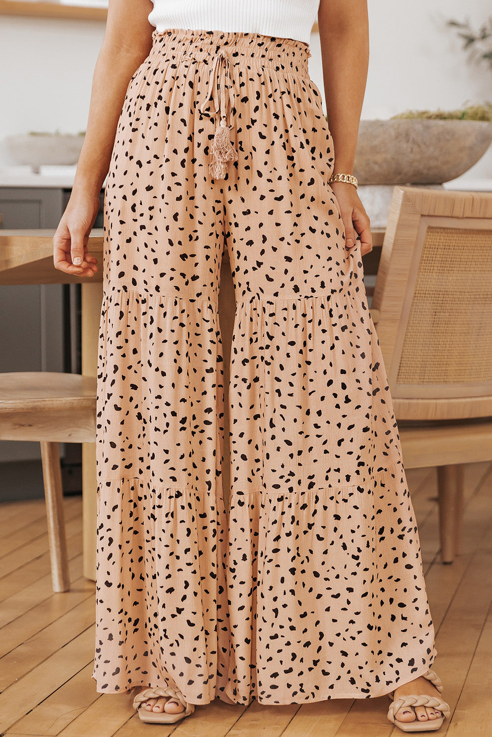 Printed Tiered Wide-Leg Pants in Watermelon Pink
