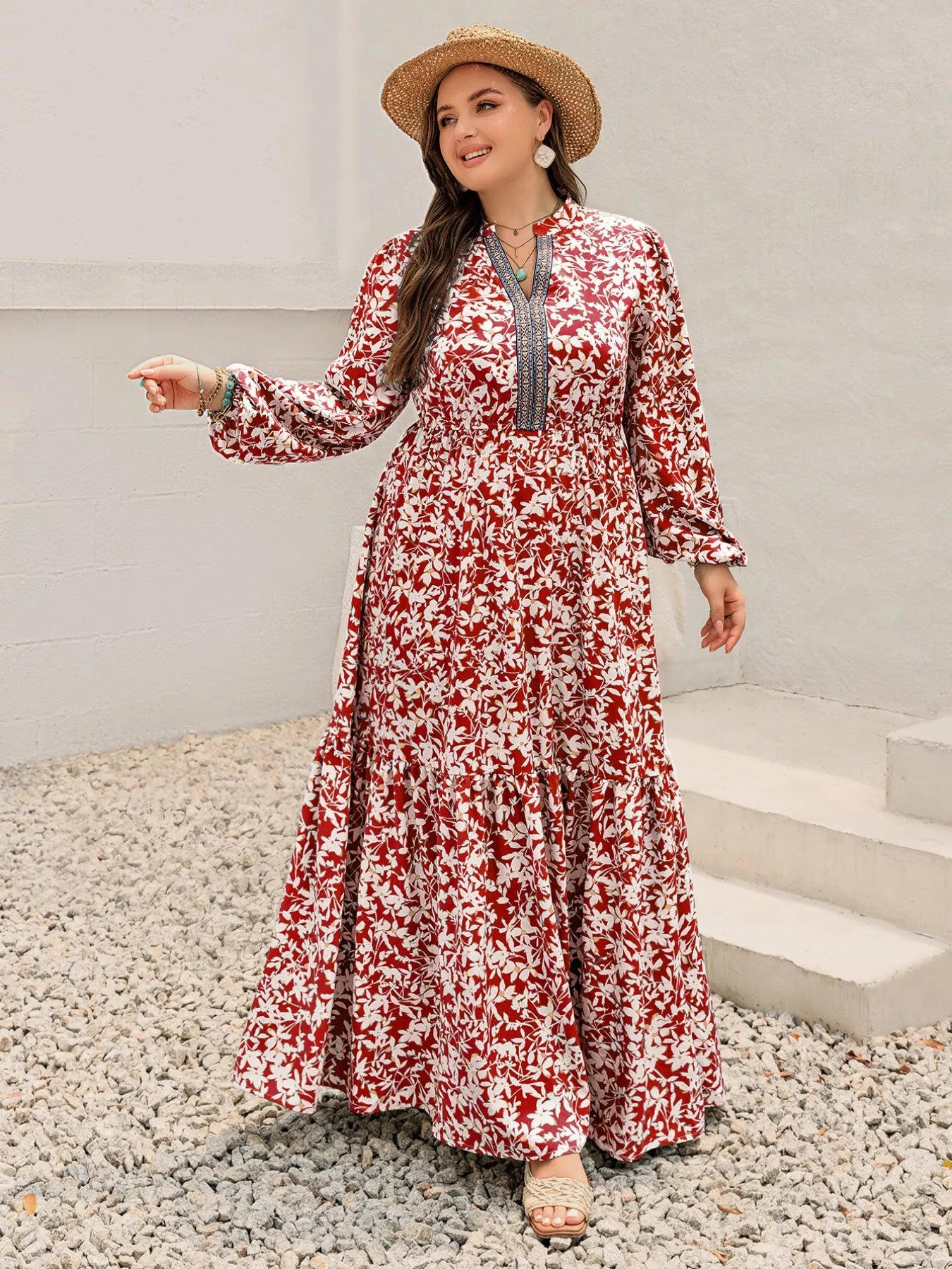 Floral Print Long Sleeve Maxi Dress in Deep Red