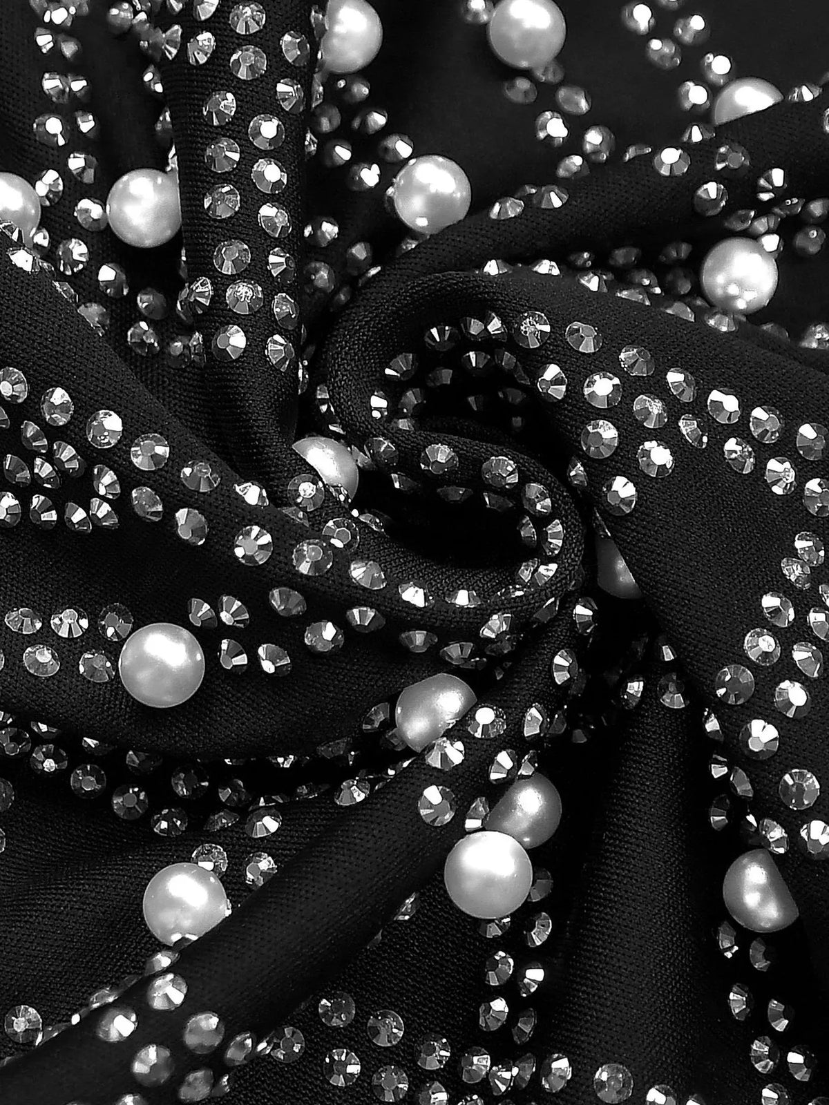 Rhinestone Pearl One-Shoulder Mermaid Dress in Black