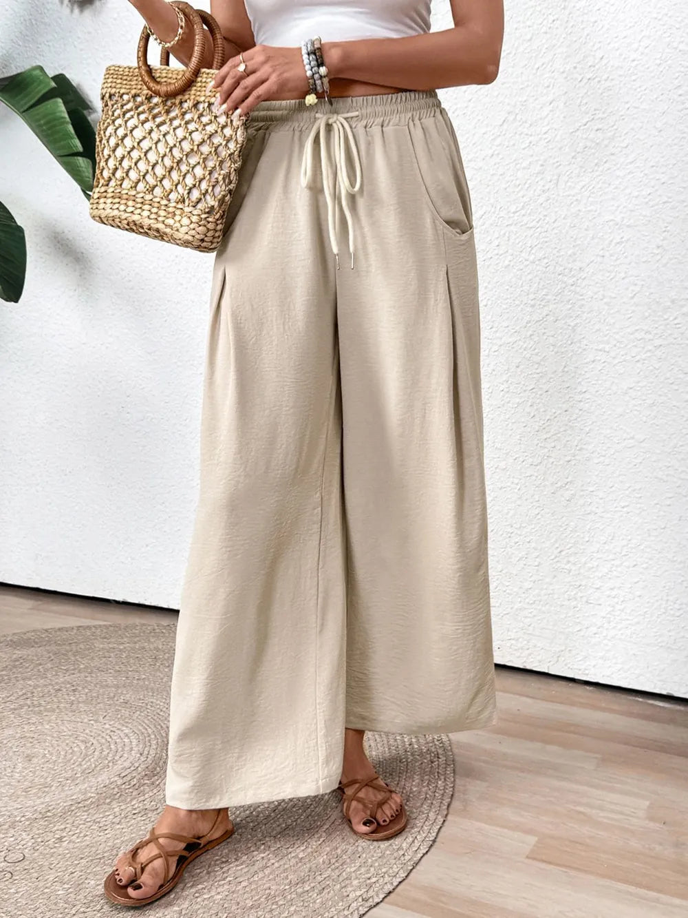 Drawstring Wide Leg Pants in Tan