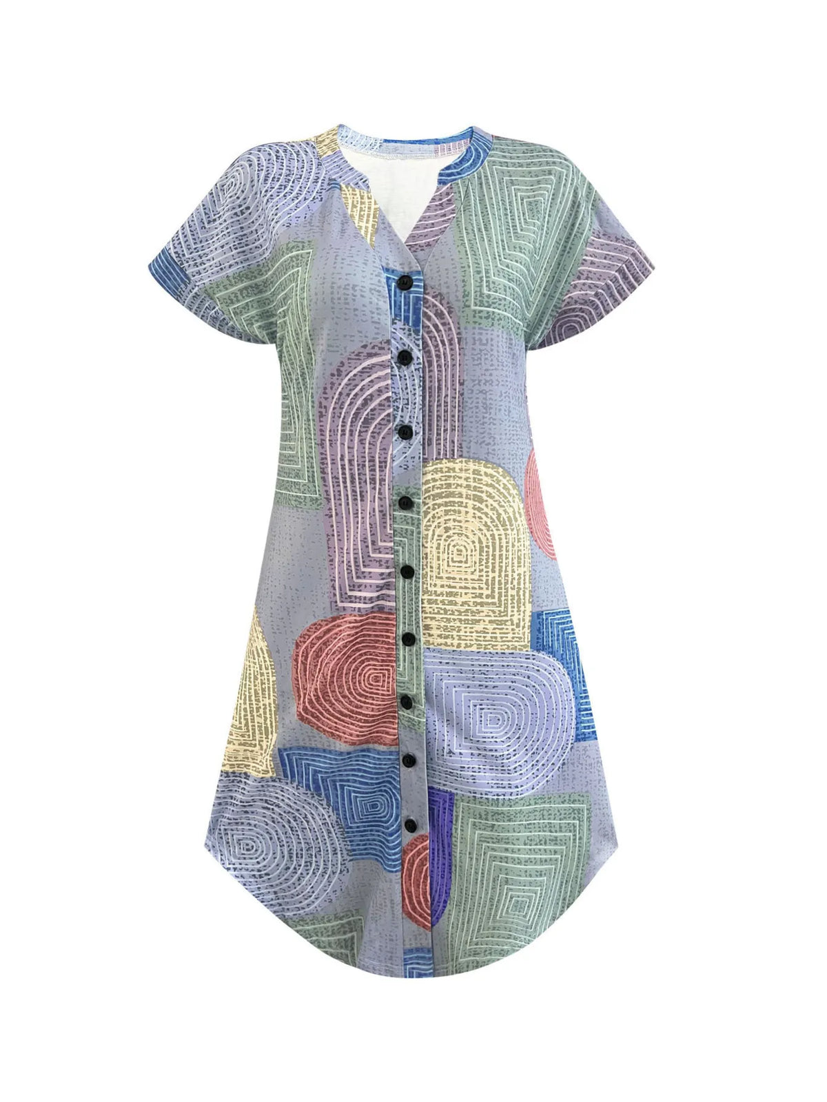 Geometric V-Neck Button-Front Dress