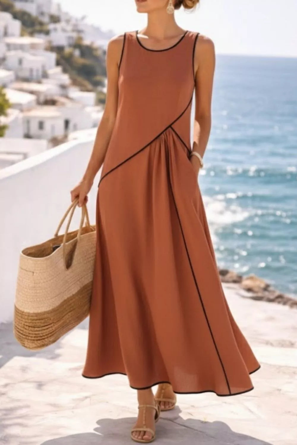 Sleeveless Maxi Dress with Contrast Trim and Pockets