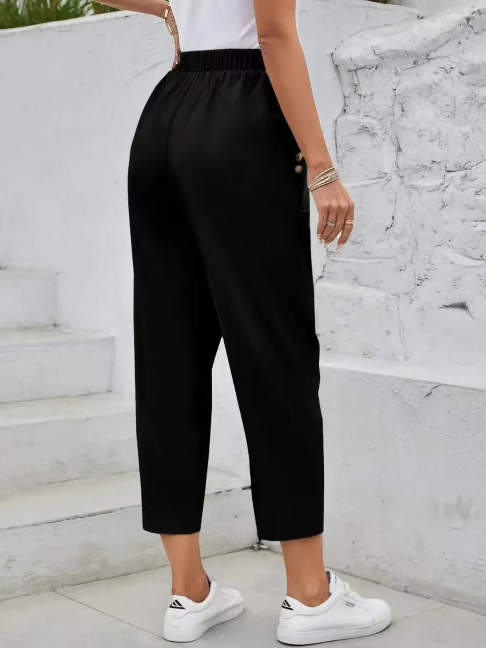 Elastic Waist High Rise Pants in Black