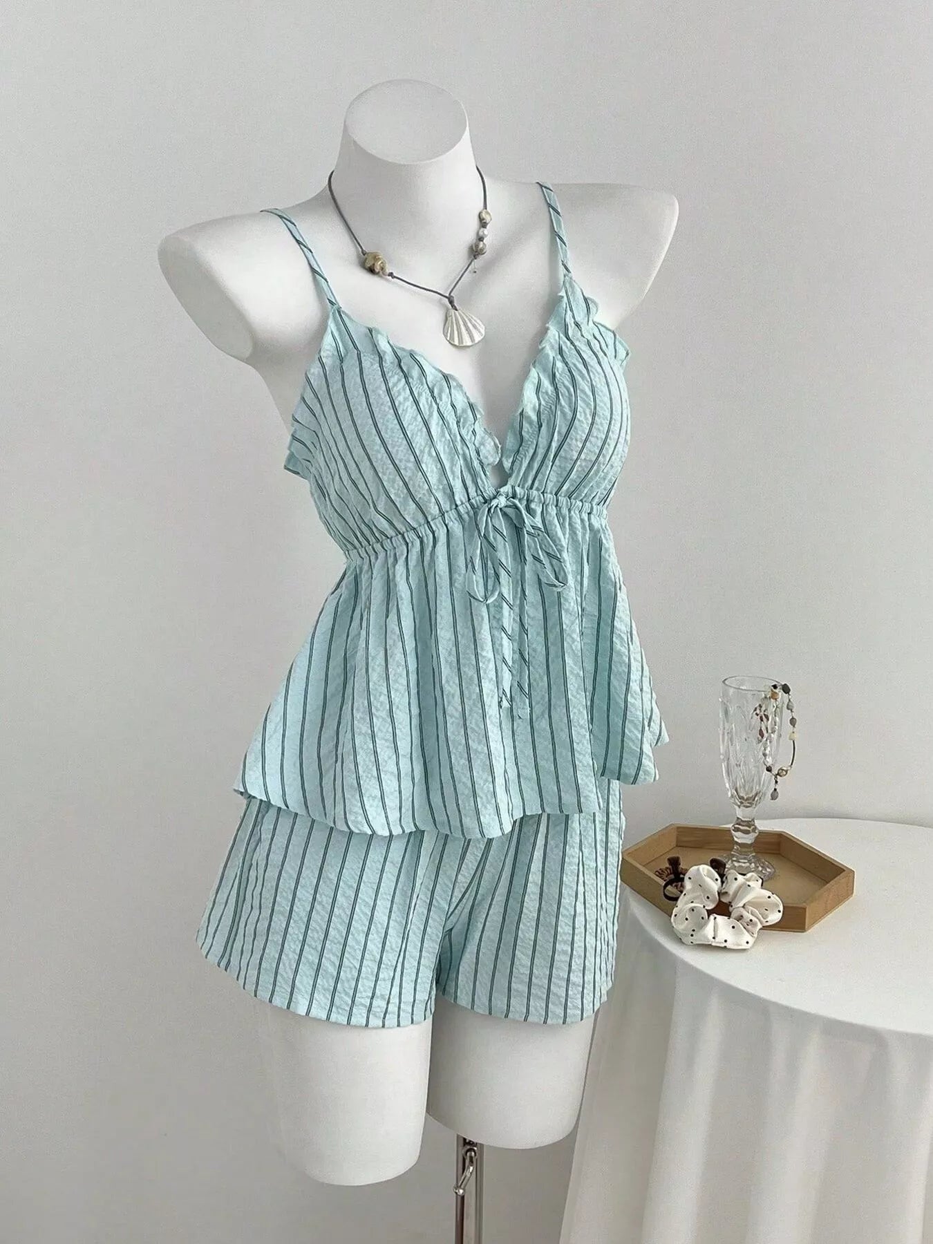 Tie Front Striped Cami and Shorts Set in Blue
