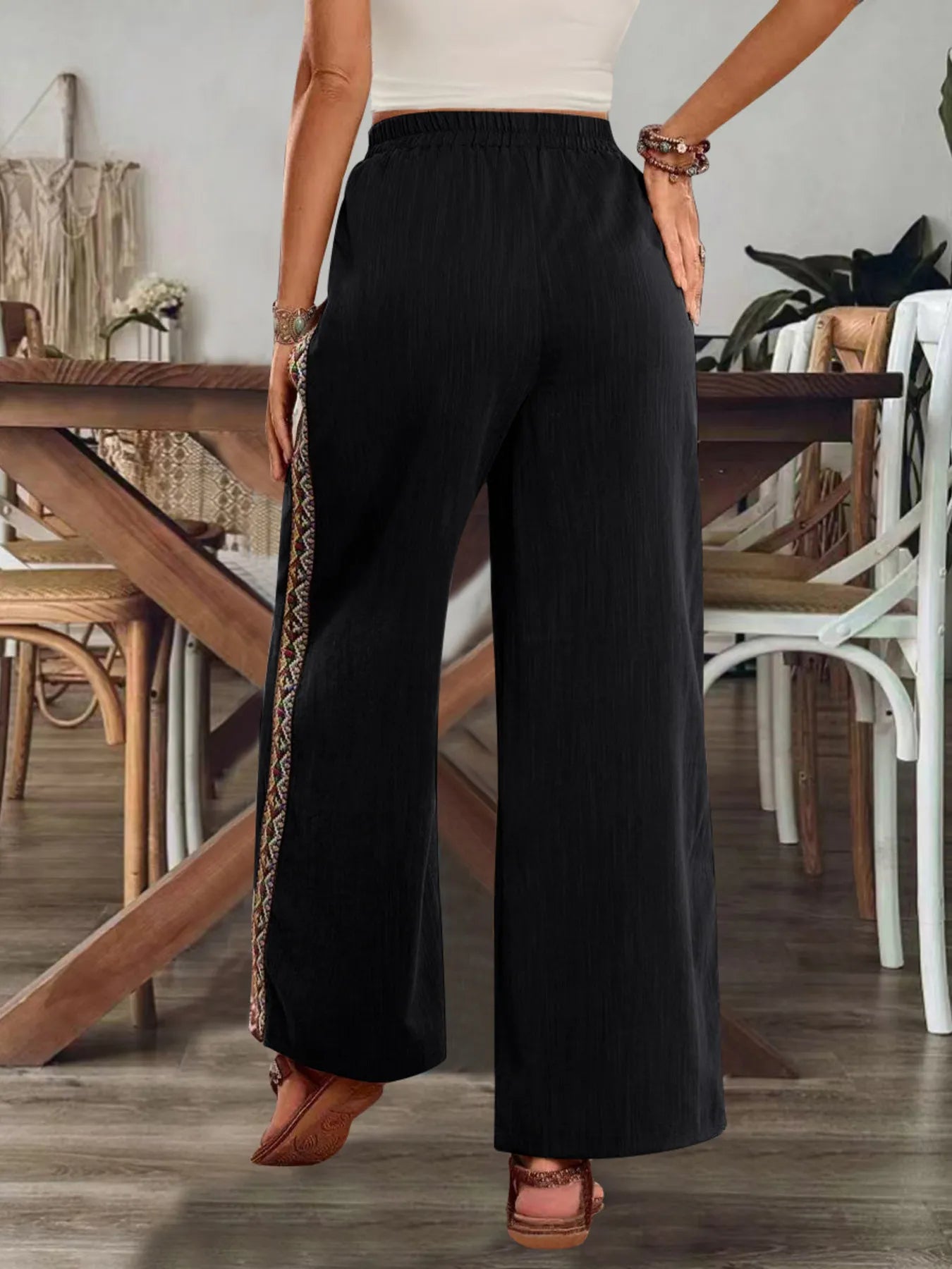 Embroidered Side-Stripe Wide-Leg Pants