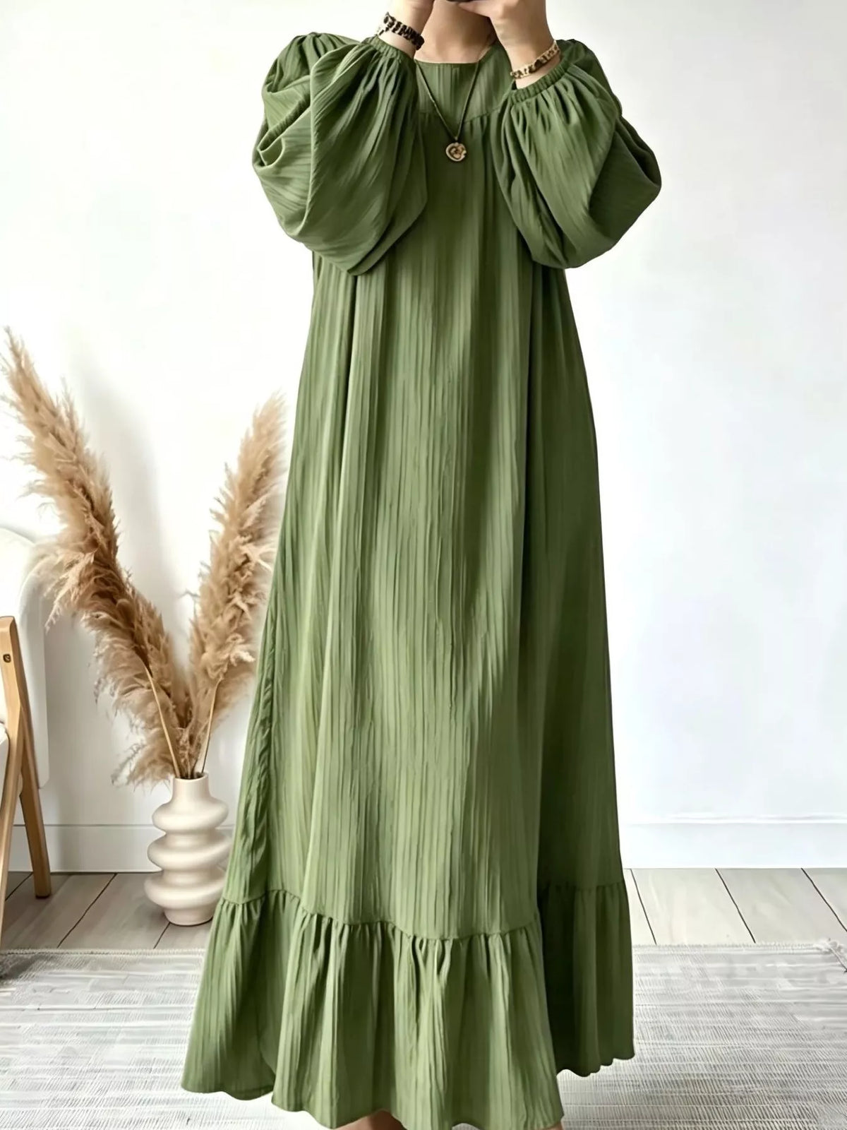 Textured Puff-Sleeve Maxi Dress