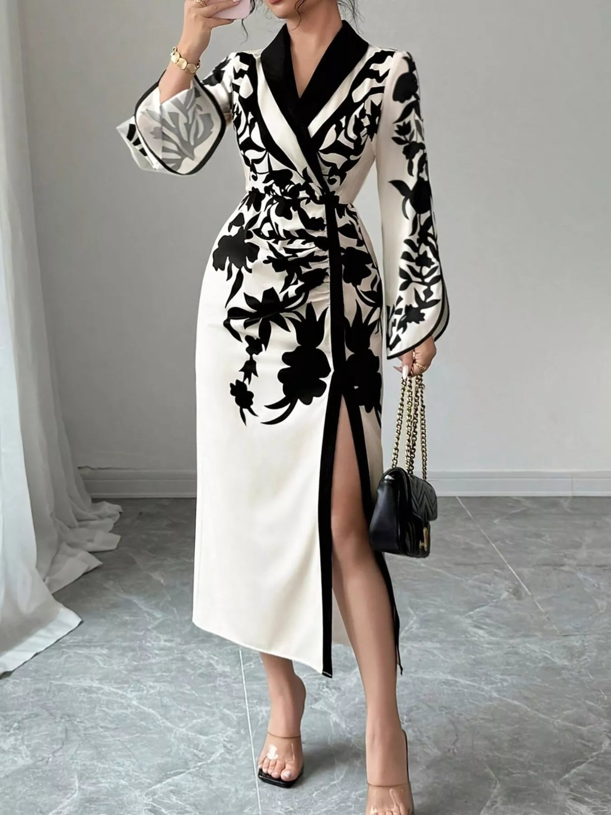 Slit Long Sleeve Wrap Midi Dress in White/Black