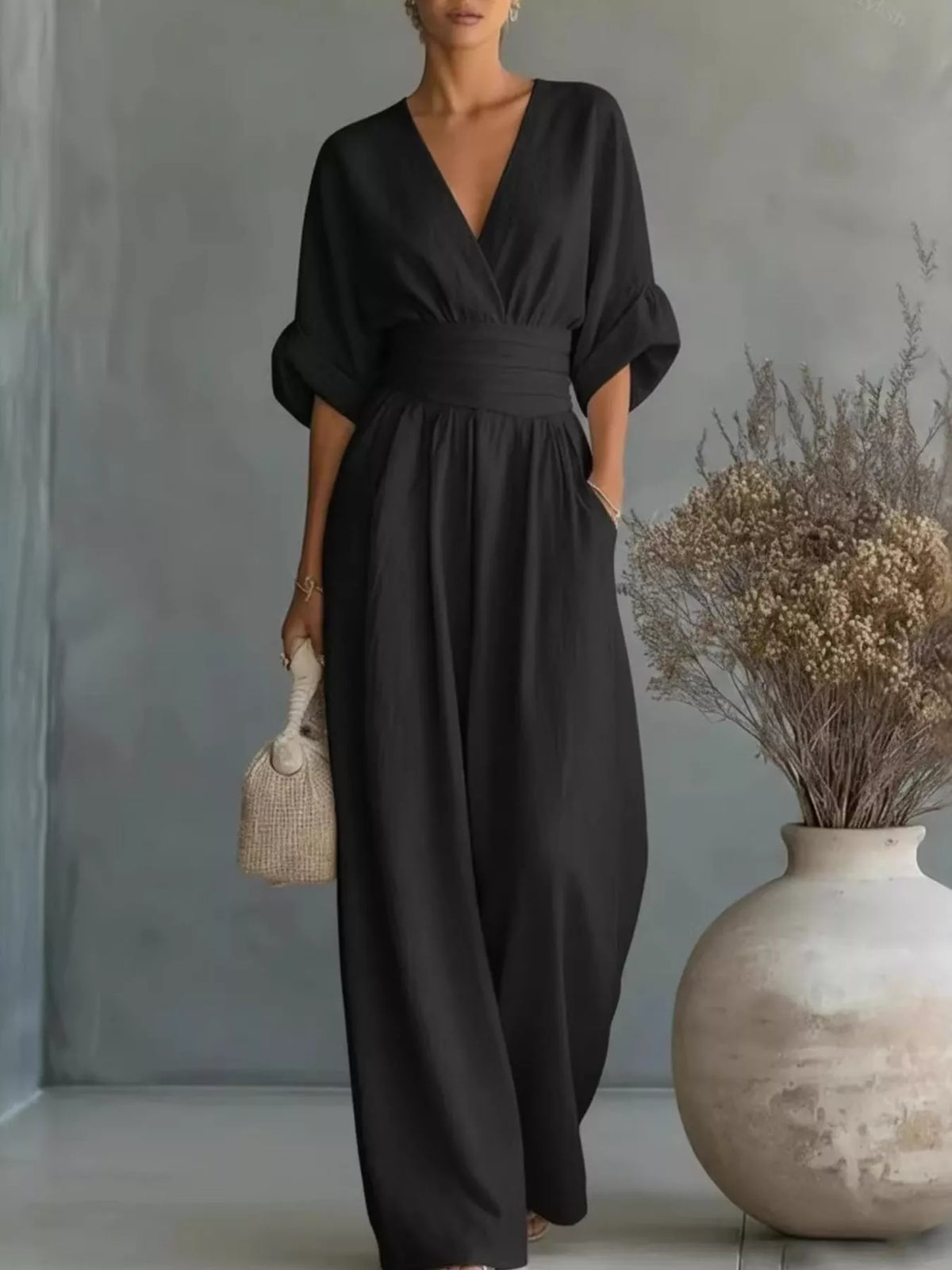 Ruched Half Sleeve Wide-Leg Jumpsuit