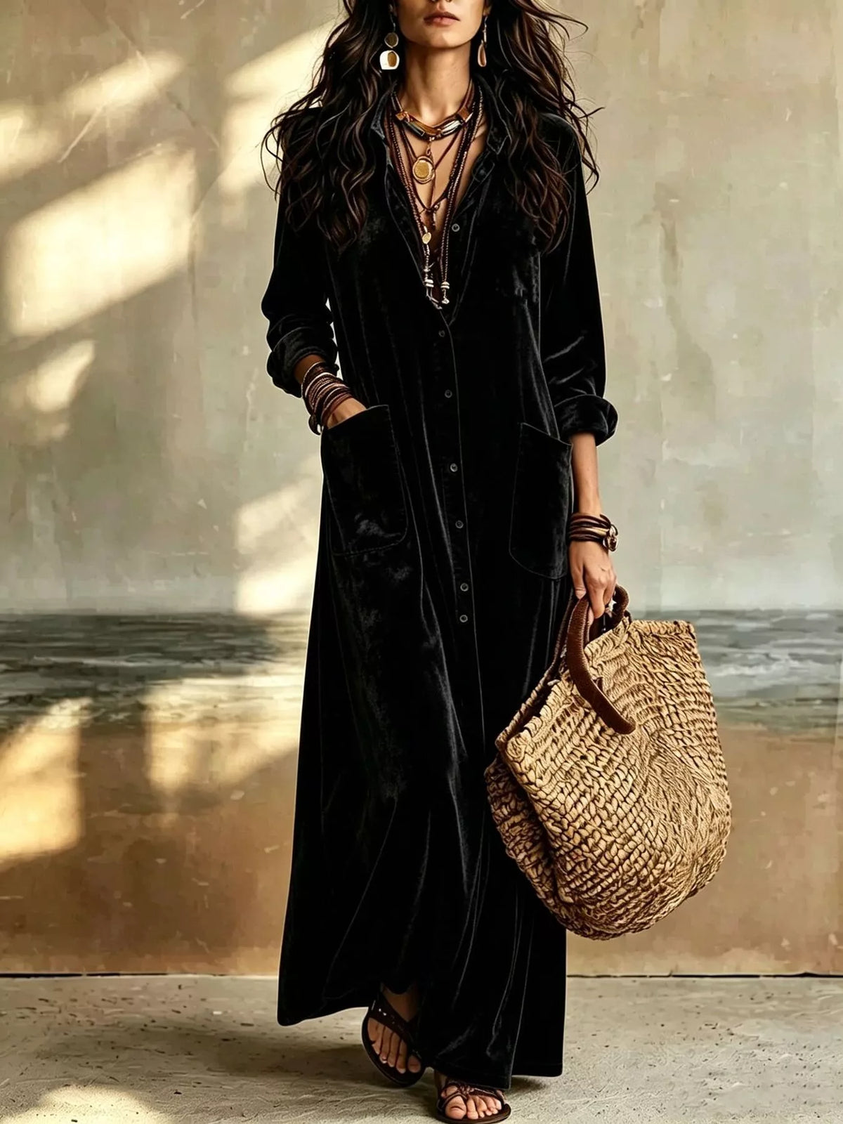 Bohemian Velvet Button-Down Maxi Dress