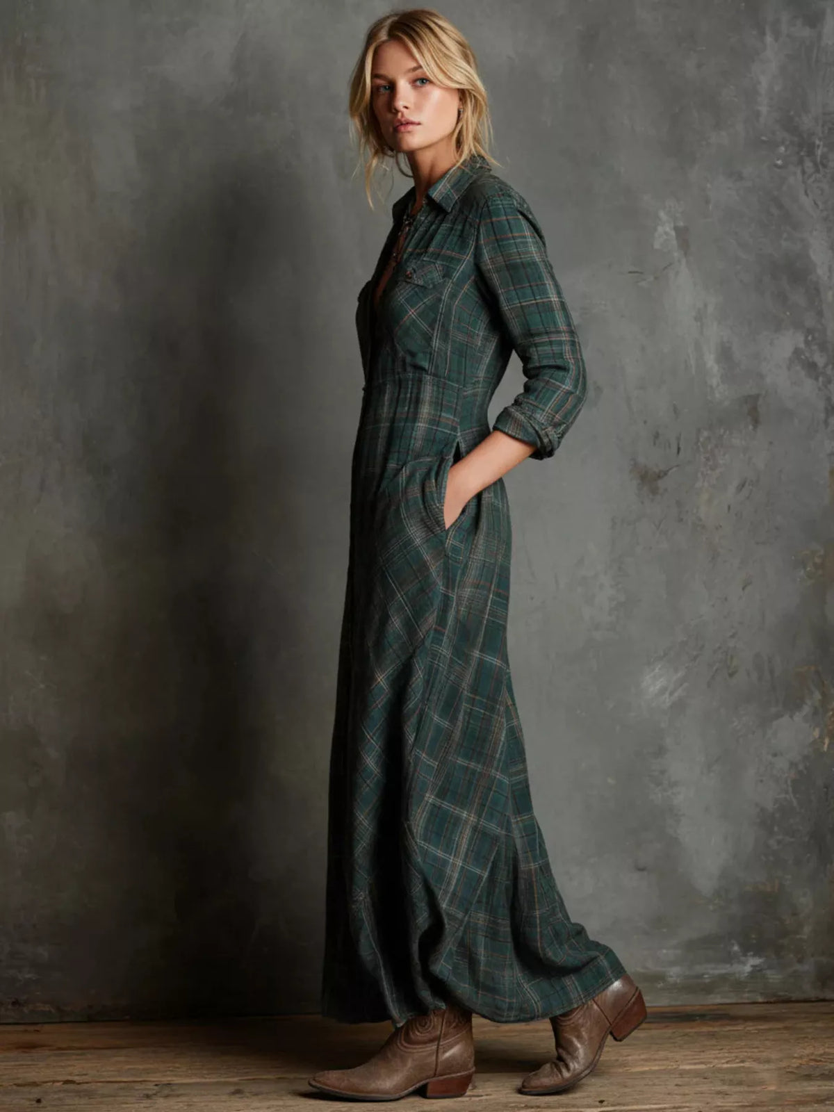 Plaid Button-Down Maxi Shirt Dress in Dark Green