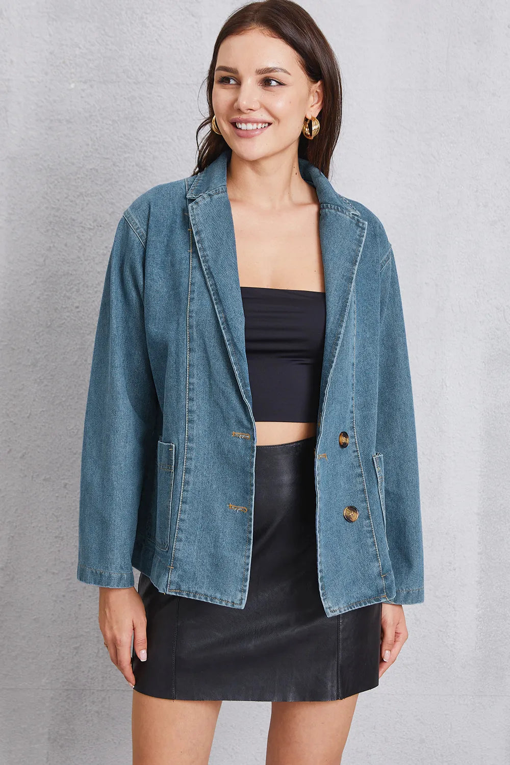 Long Sleeve Pocketed Denim Jacket in Medium Wash by Y.Y@Denim