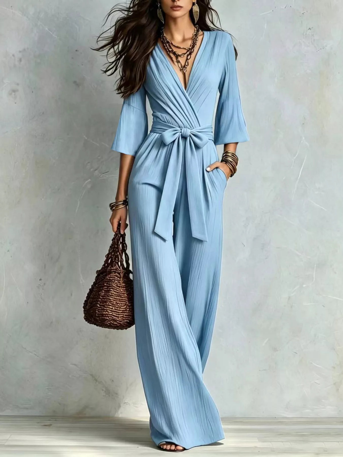Pleated Wide-Leg Jumpsuit with Tie Waist