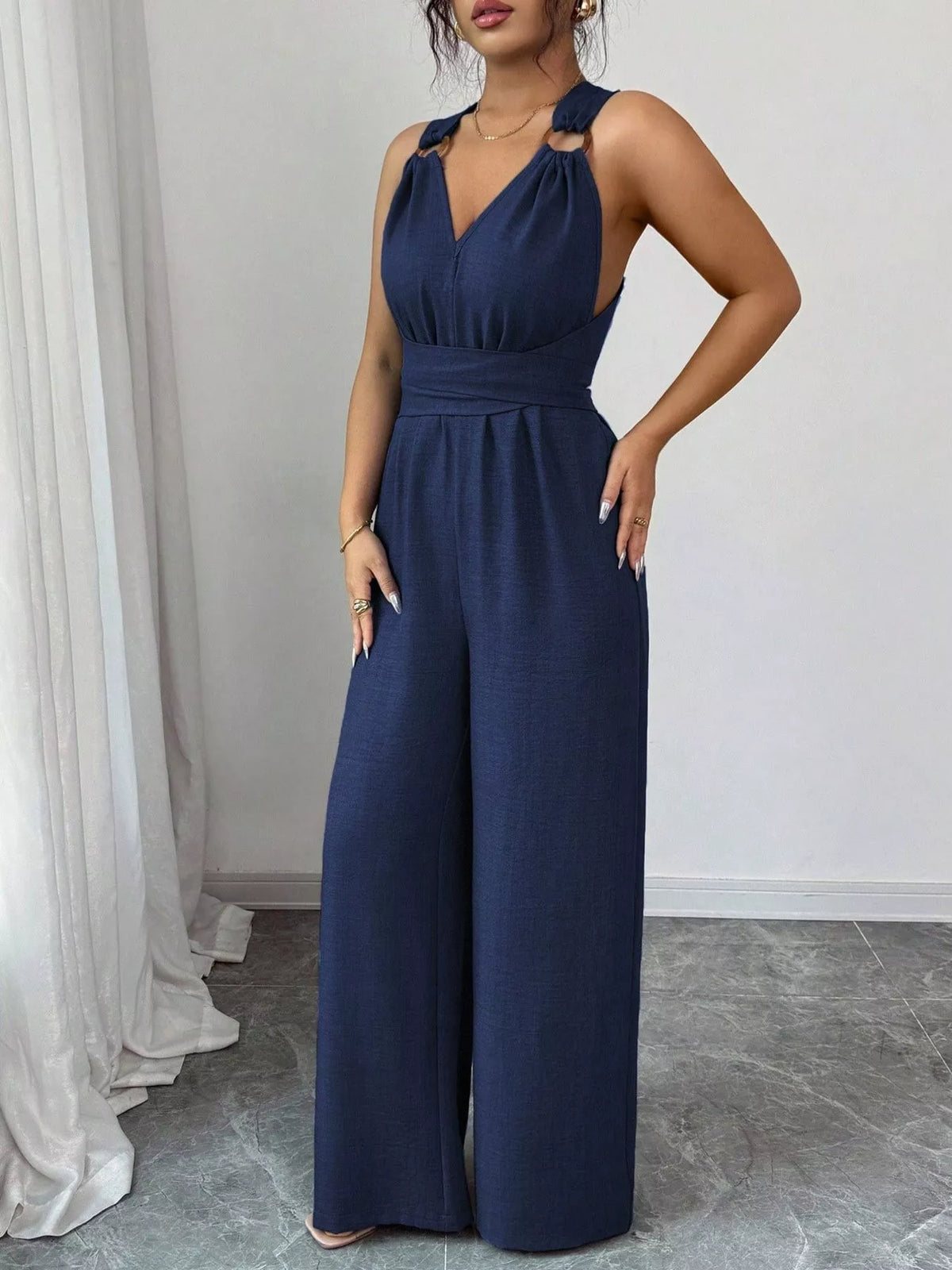 Sleeveless V-Neck Wide-Leg Jumpsuit with O-Ring Detail
