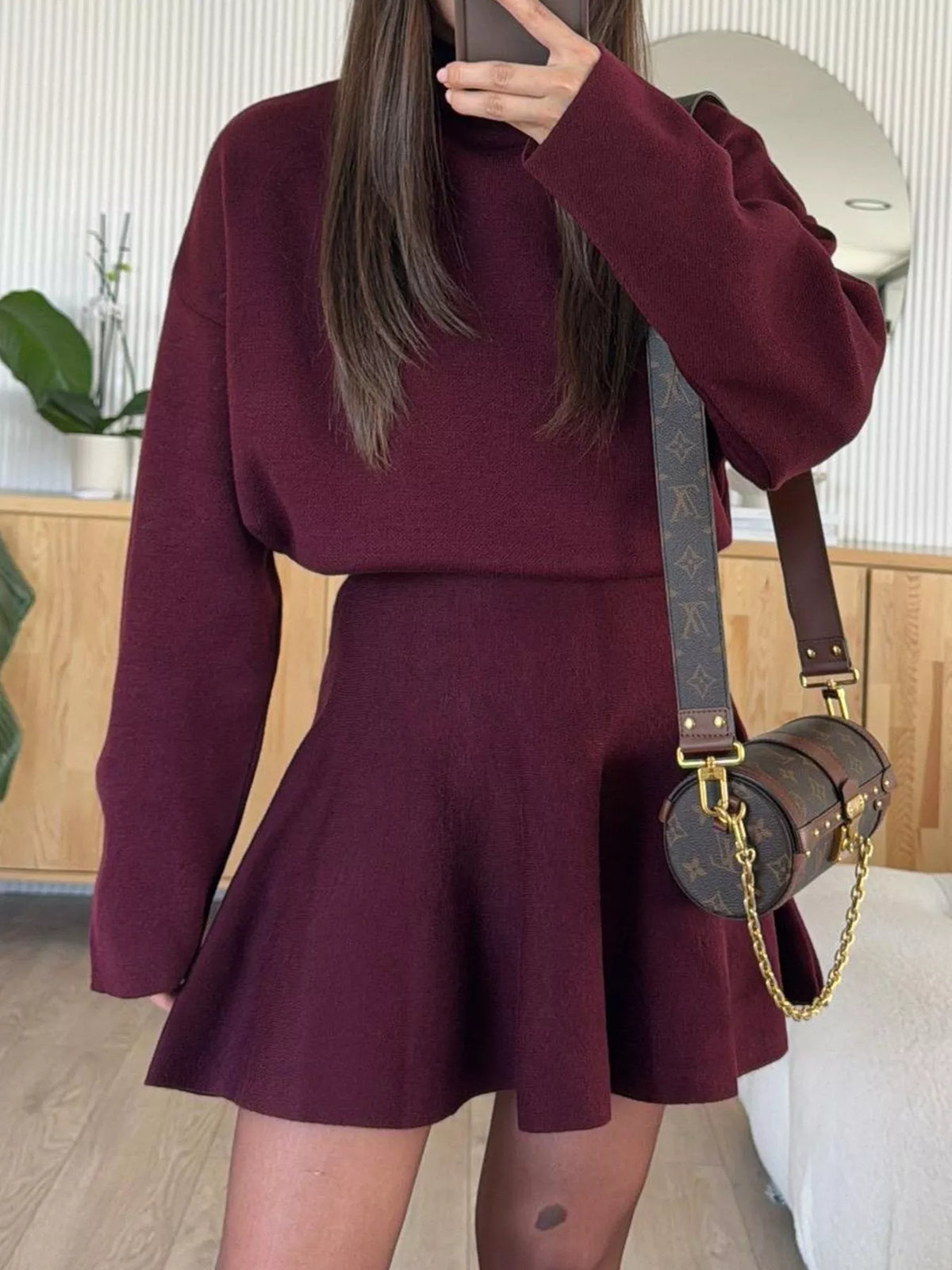 Mock Neck Knit Top and Flared Skirt Set