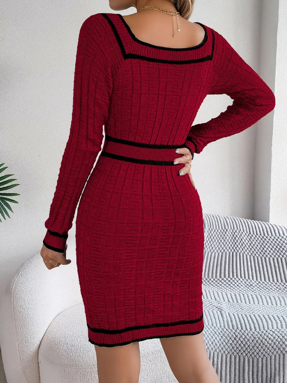 Contrast-Trim Long-Sleeve Sweater Dress