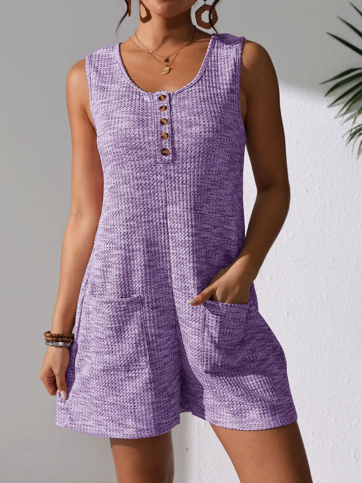 Button Front Romper with Pockets