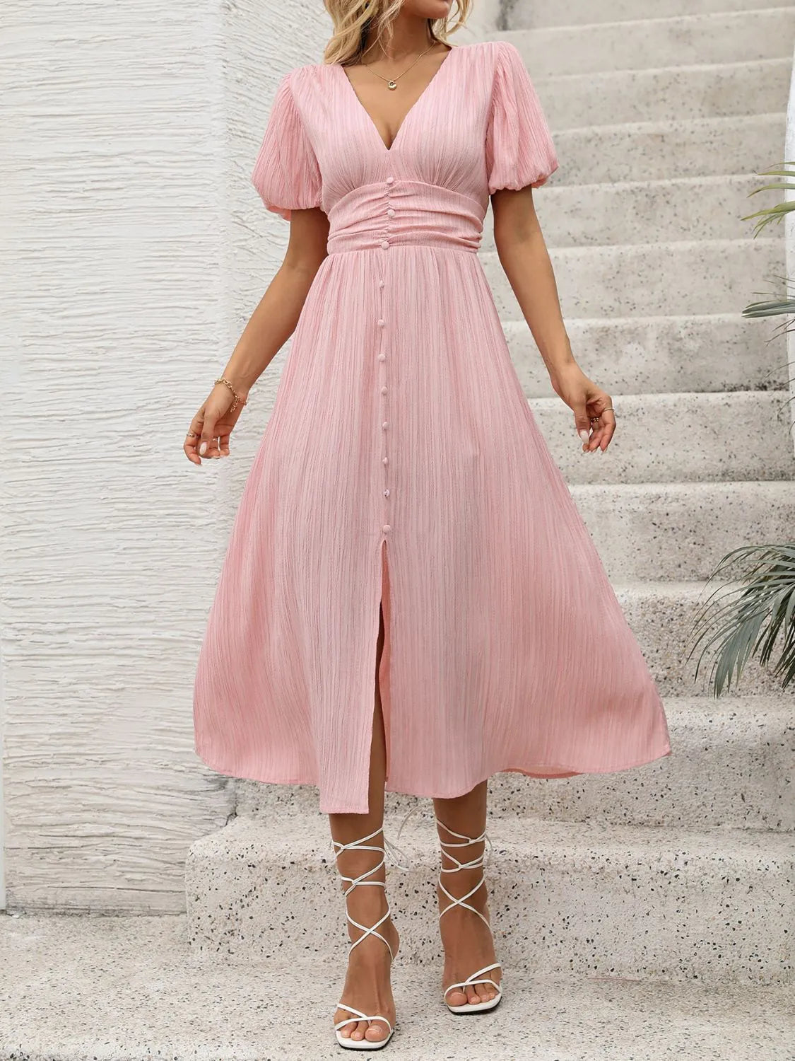 V-Neck Puff Sleeve Dress in Blush Pink