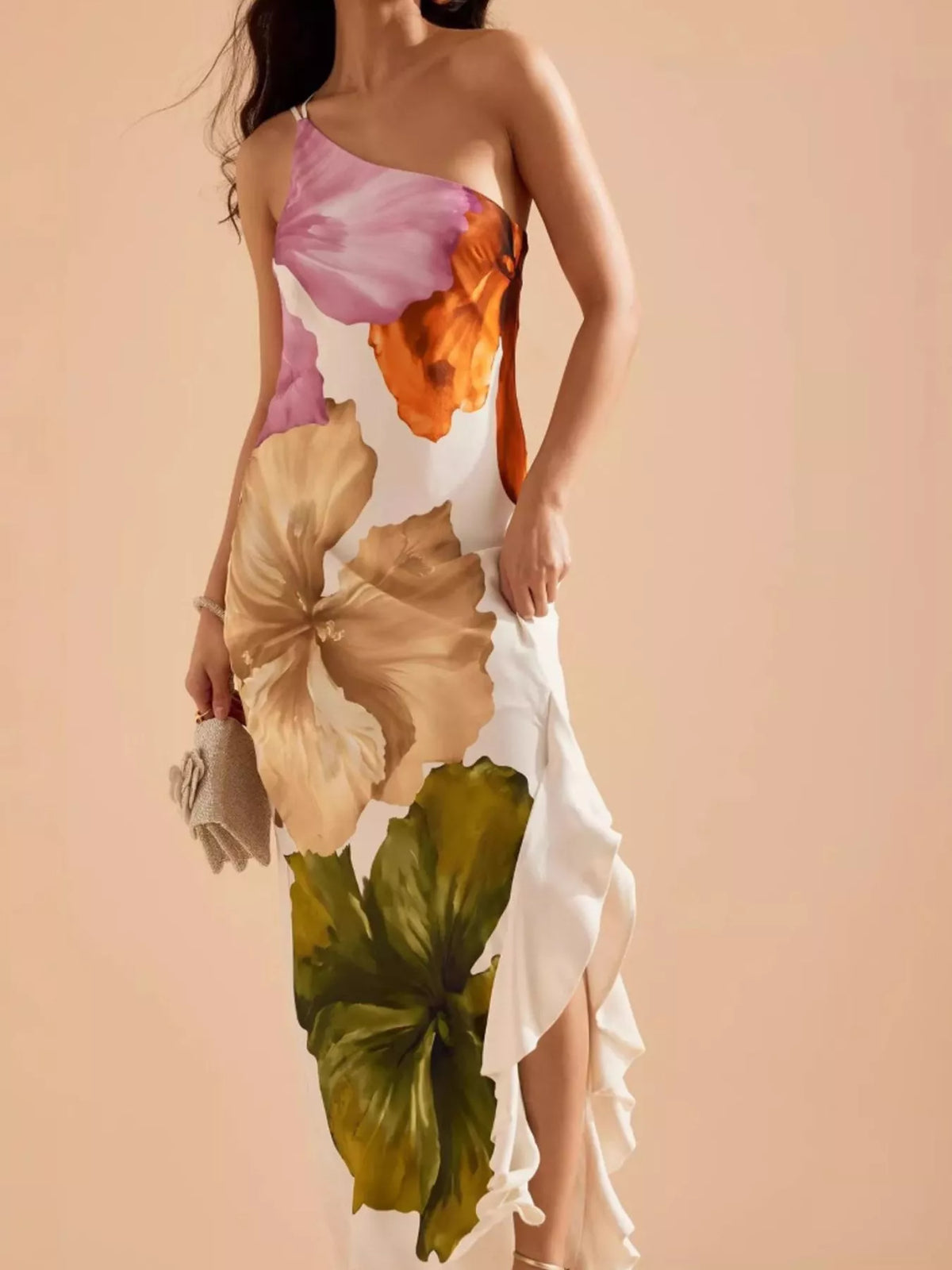 Floral One-Shoulder Ruffle Hem Maxi Dress in Multicolor