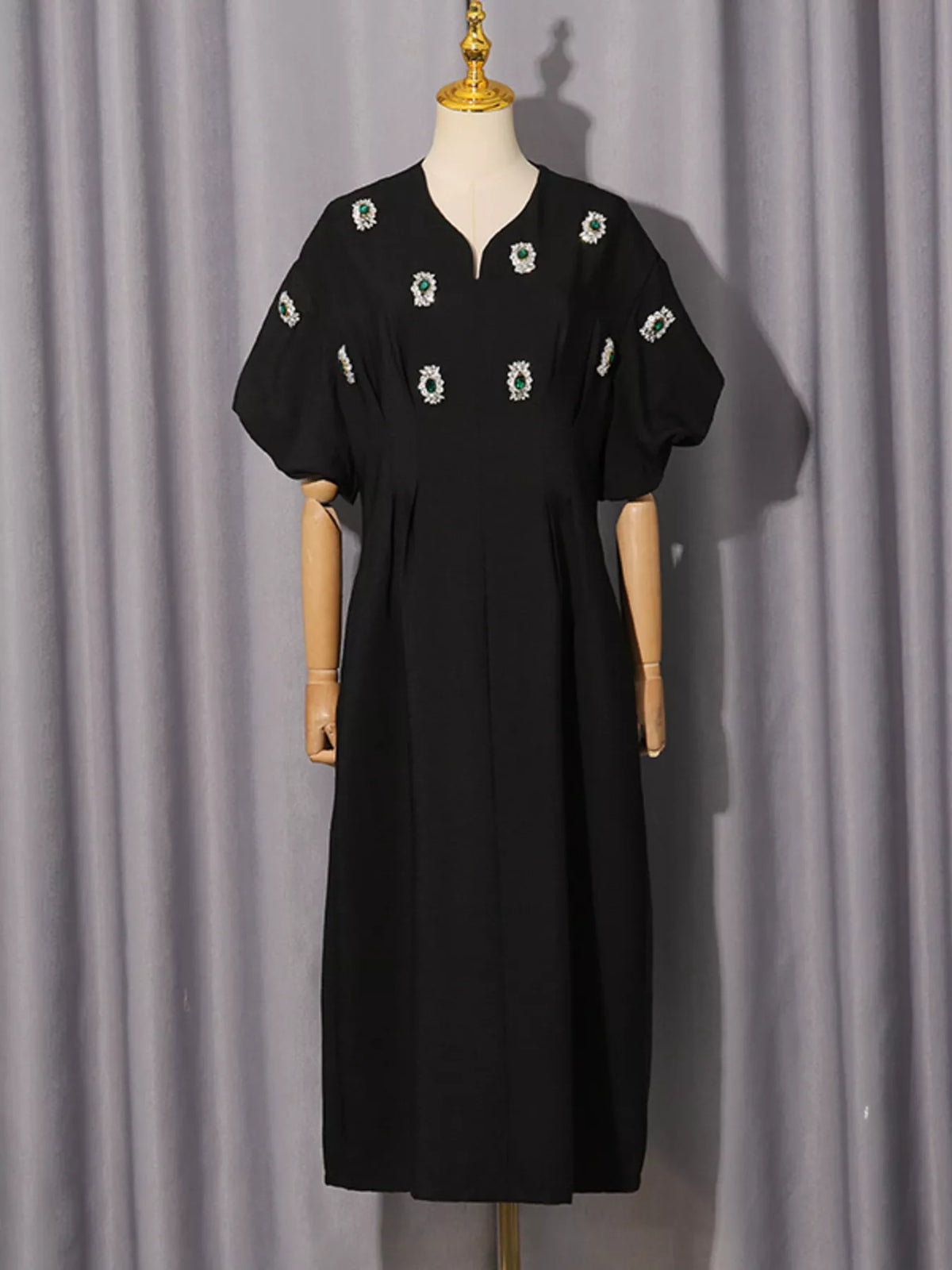 Rhinestone Embellished Puff Sleeve Midi Dress