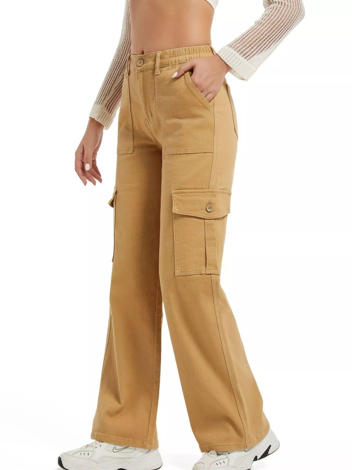 High-Waisted Cargo Jeans with Contrast Stitching